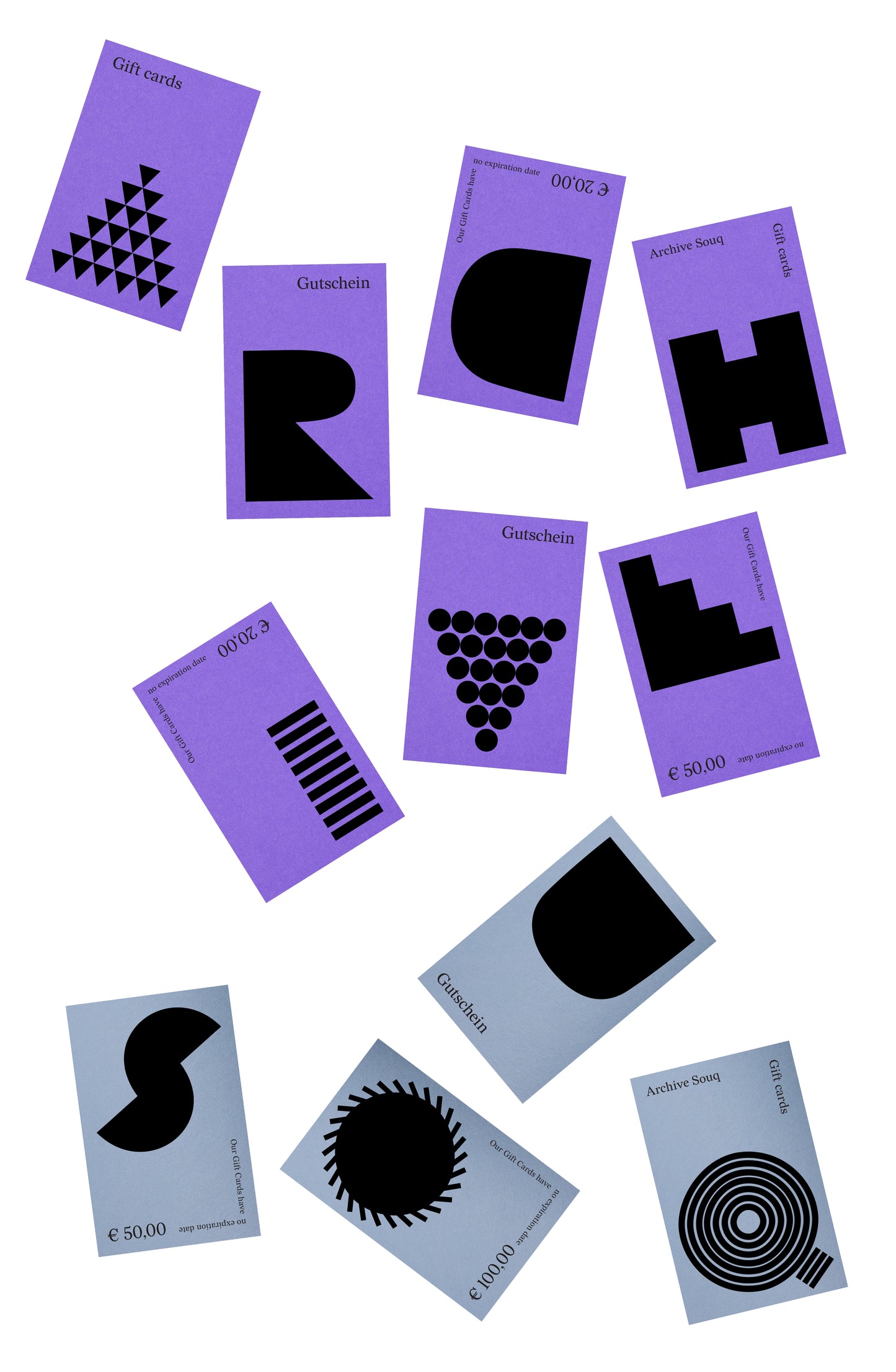 Set of purple cards with black geometric designs on a white background